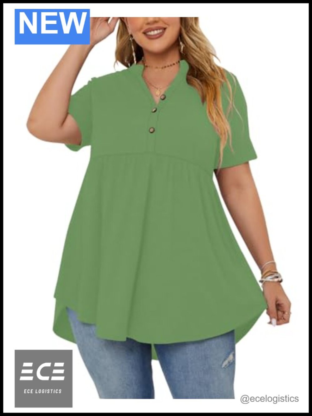 Plus Size Short Sleeve Tunic Top Women Summer Peplum Babydoll Henley Blouse